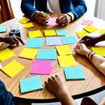 A diverse group of people brainstorming ideas around a table covered with colorful sticky notes, markers, and mind maps. The atmosphere is energetic and collaborative, with participants actively engaged in discussion.