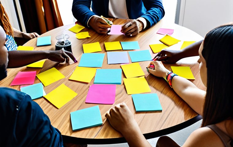 A diverse group of people brainstorming ideas around a table covered with colorful sticky notes, markers, and mind maps. The atmosphere is energetic and collaborative, with participants actively engaged in discussion.